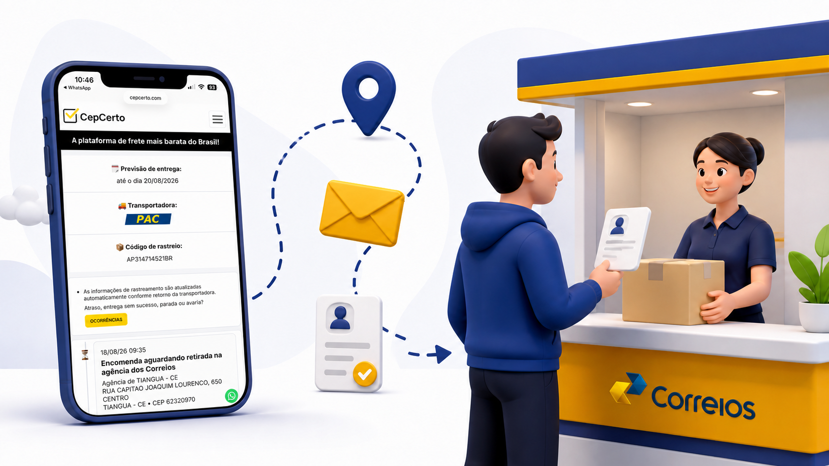 Rastreamento CepCerto indicando encomenda para retirada no guichê dos Correios