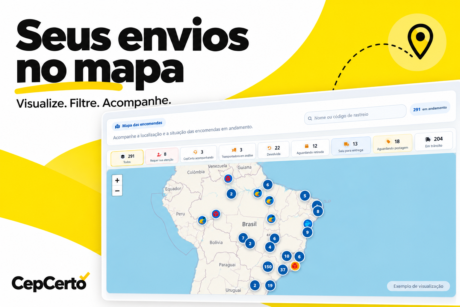 Arte do CepCerto com mapa do Brasil, filtros de situação e a chamada Seus envios no mapa. Exemplo ilustrativo baseado na interface.