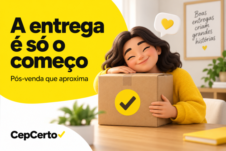 Cliente abraçando uma encomenda, com a chamada A entrega é só o começo e as cores amarelo, preto e branco do CepCerto.